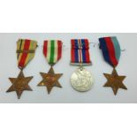 Four WWII medals including The Africa Star with 8th Army clasp