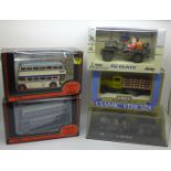 Model vehicles; an Ertl model Chevy Truck, two EFE buses , a Jeep and a Gate Laurel & Hardy in Jeep,