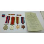 Four WWII medals including Africa Service Medal to 113405 G. J. Simpson with compliment slip