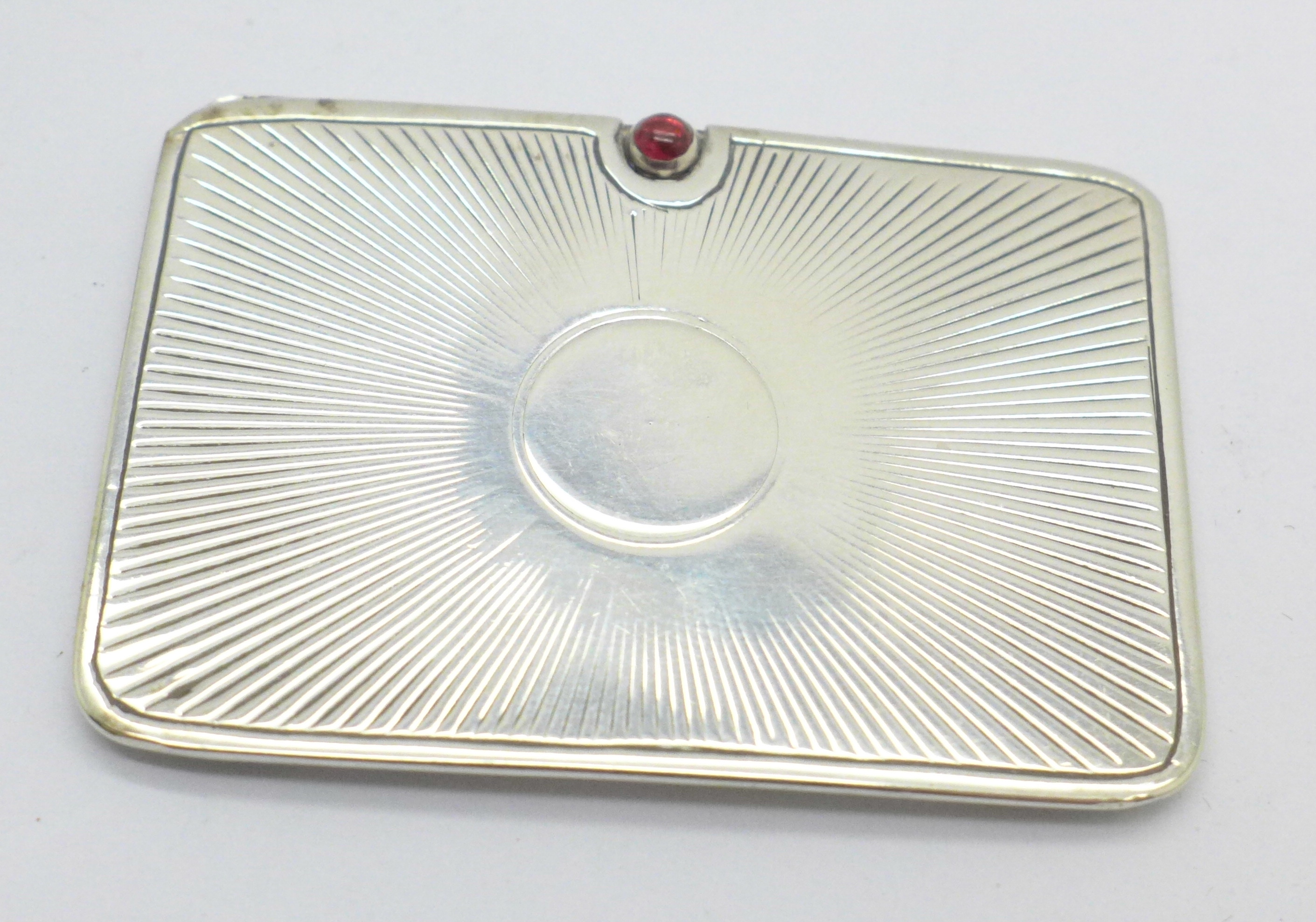 A silver stamp holder with cabochon red stone, slide to open, Birmingham 1910, with inscription - Image 4 of 5