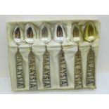 A set of six white metal Malaysia spoons, 58g