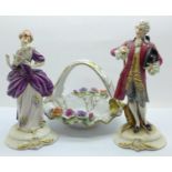 A pair of Capodimonte figures and a German hand painted porcelain basket