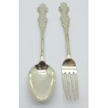 A silver christening spoon and fork, 64.3g