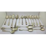 A collection of silver spoons including 19th Century, 728g