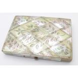 A decorated mother of pearl card case, 76mm x 105mm, (a/f, lacking two pieces of mother of pearl,