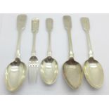 A Victorian silver christening fork and spoon and three other 19th Century silver spoons, 188g