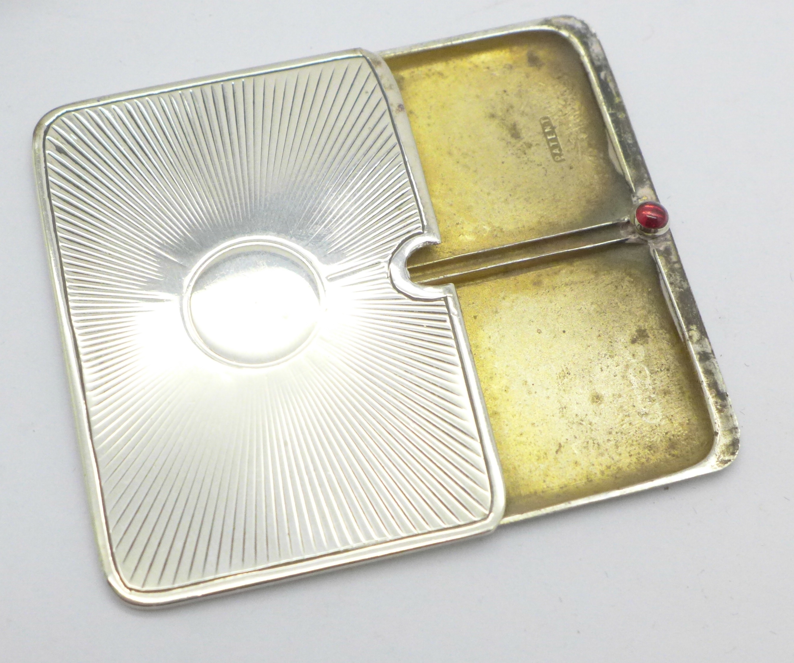 A silver stamp holder with cabochon red stone, slide to open, Birmingham 1910, with inscription - Image 5 of 5