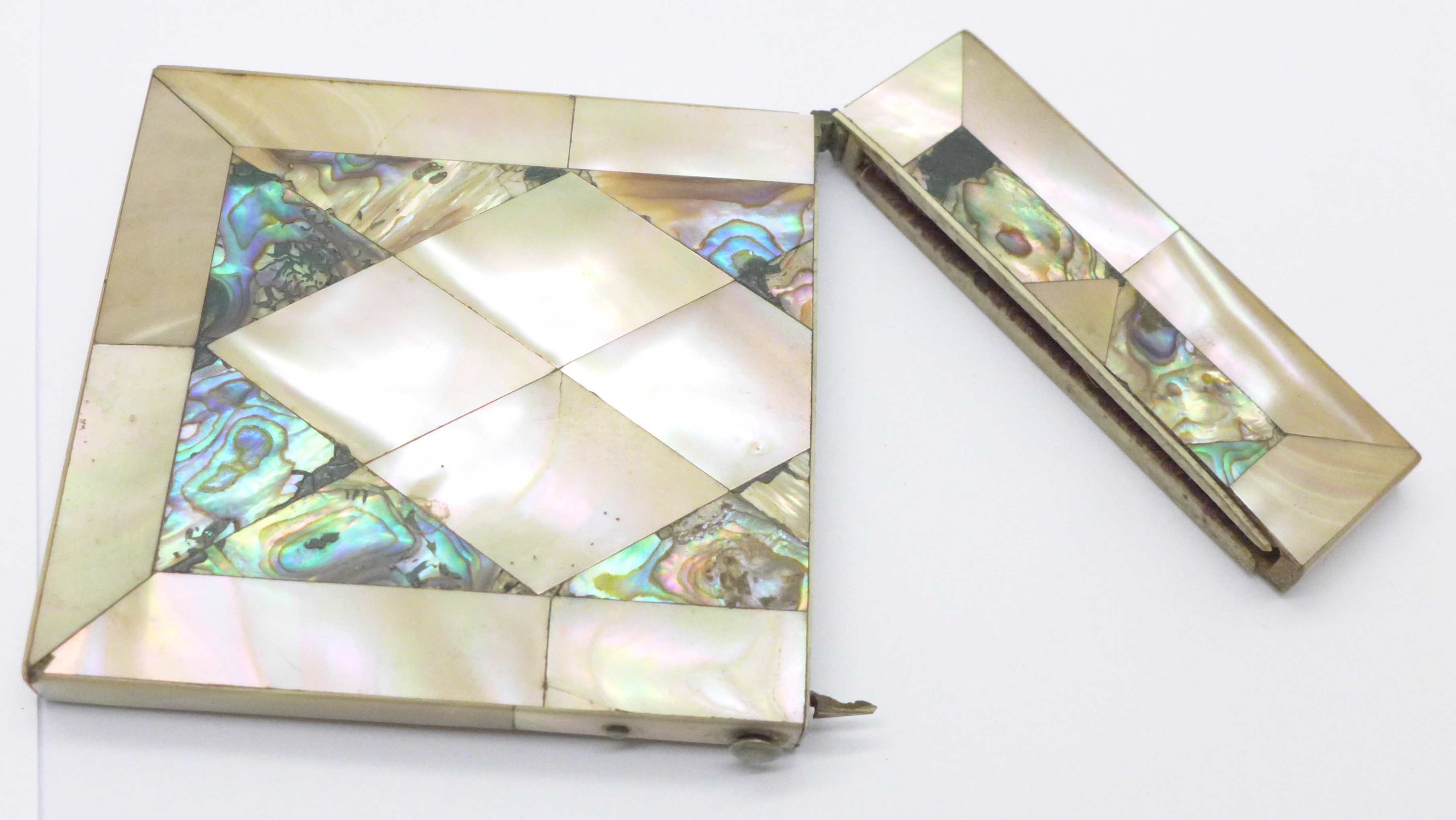 An abalone mother of pearl card case, 78mm x 101mm, (hinge strained, fastener requires repair) - Image 3 of 5