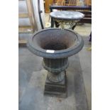A Victorian cast iron campana shaped garden urn on stand, a/f