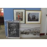 A large oil on canvas, Chinese junks, a print of a black labrador and two others
