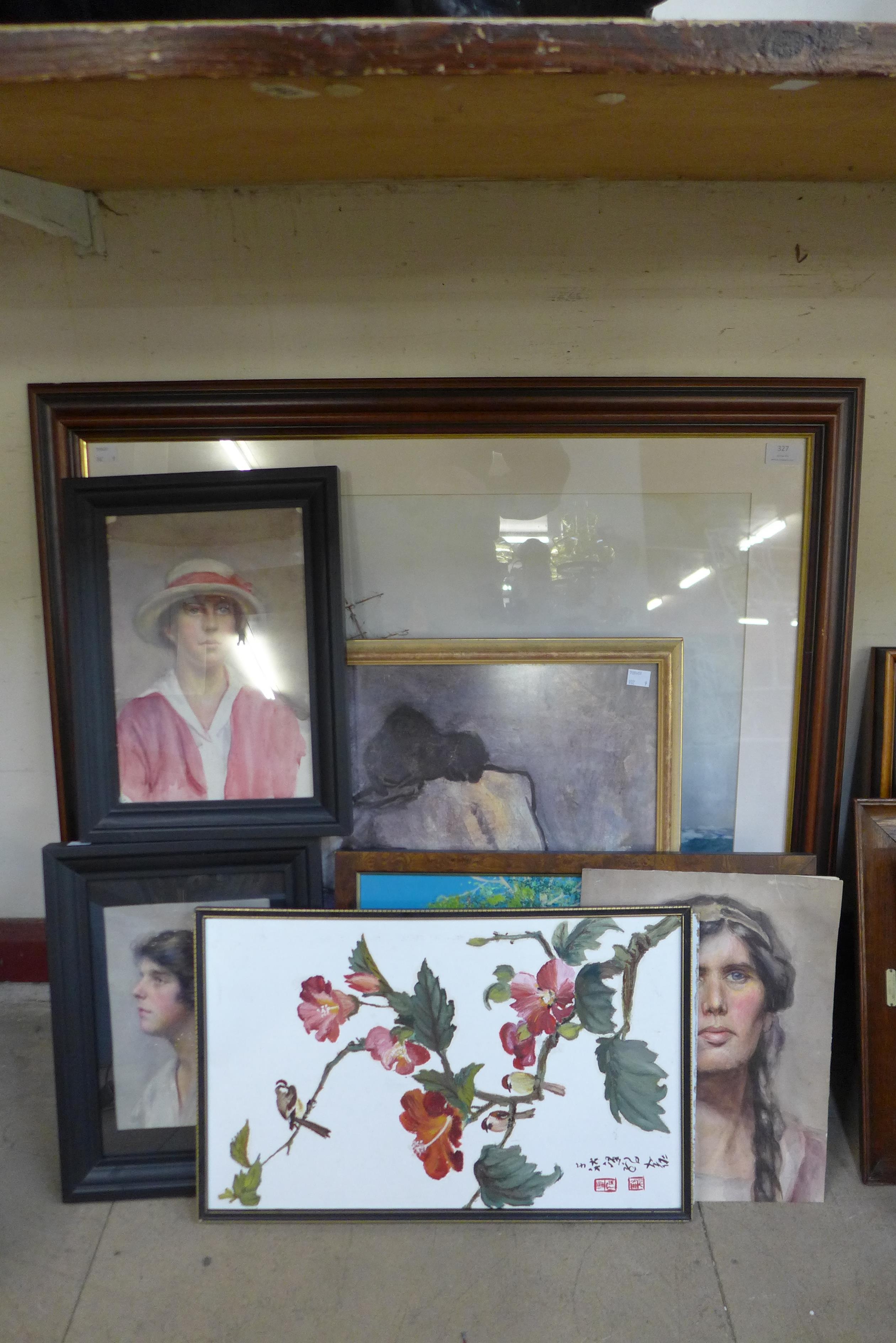 Three 20th Century English School half portraits of ladies, watercolour, four other paintings and