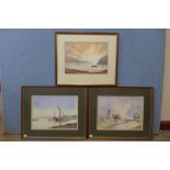 Three English School watercolours, landscapes, indistinctly signed, framed