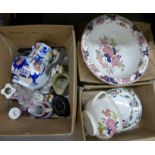 Three boxes of Victorian and later china, including a floral encrusted candlestick, jug, bowl,