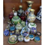 A quantity of cloisonne vases, pots, ginger jars, thimbles and trinkets, some a/f