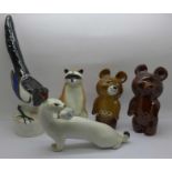Five USSR animals including raccoon and two comical bears