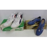 A pair of Olympic running shoes with ripple sole and a pair of Puma Intimidator EX basketball shoes,