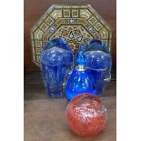 Two glass dumps, glass paperweight, scent bottle and an inlaid octagonal box