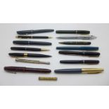 Three pens with 14ct gold nibs including Swan self-filler and other pens, pencils, a/f