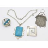 A silver mesh purse, a 925 silver mounted pendant and chain, a brooch marked Mexico 925 and a pill