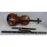 A violin, length of back without button 363mm, and woodwind instrument parts