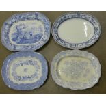 Four blue and white meat plates, one marked Rural Scenery, one marked Lace Border