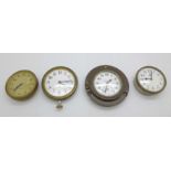 Four 8 day clocks, unmounted, lacking cases