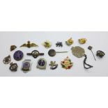 A collection of badges, etc., including an RAF Sweetheart badge and a Lewis Gun badge
