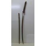 A Samurai sword with wooden scabbard, blade bent, blade 75cm