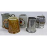 Five tankards comprising two pewter, one German, Gretna Green and Burns Extra Special