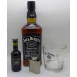 A bottle of Old No.7 Jack Daniels whisky, 70cl, also a Jack Daniel's whisky glass, a small Jack
