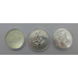 Three 1oz fine silver coins; Austrian Vienna Philharmonic, Engelhard and Canadian Maple