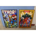 A reproduction Thor print and Marvels Avengers print