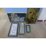 Three Chinese silk pictures, a print and an Indian painting on linen, framed