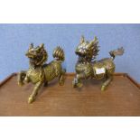 A pair of oriental gilt metal dogs of fo