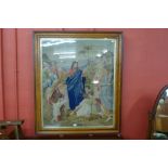 A large Victorian woolwork tapestry, religious scene, maple framed