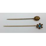 A 15ct gold stickpin, 1.7g, and one other flower shape stickpin