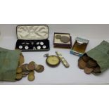 British coins, pocket watch, pen knife, Art Deco cigarette case, etc.