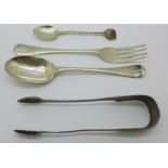 A pair of Scottish silver sugar bows, a Victorian silver spoon and fork and one other silver