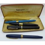 Four Sheaffer pens, one with 14ct gold nib, (one cap a/f)