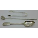 A Victorian silver spoon, a pair of silver sugar bows and a silver honey spoon, 44g
