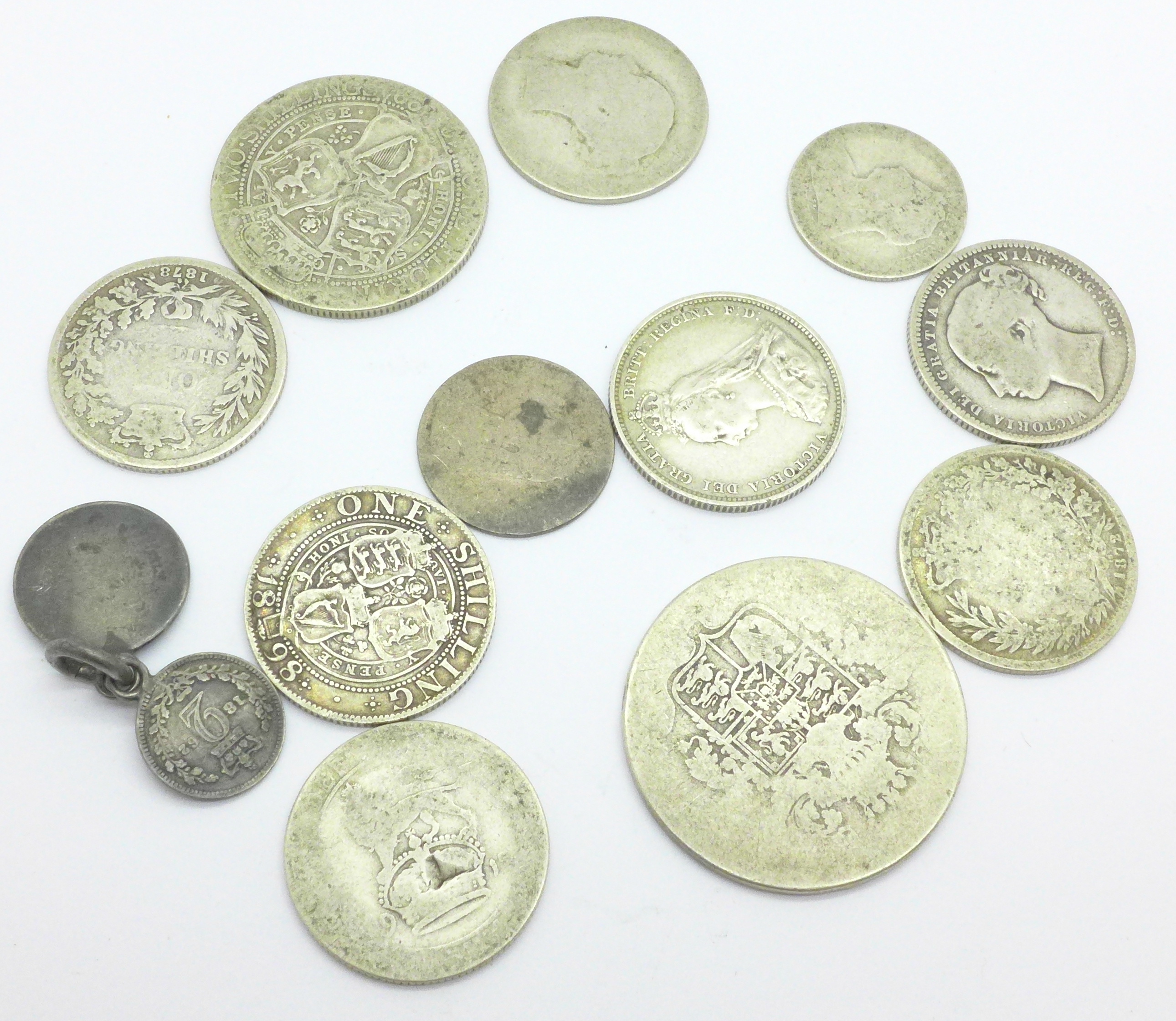 A collection of silver coins including Victorian, 68g