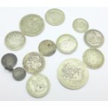A collection of silver coins including Victorian, 68g