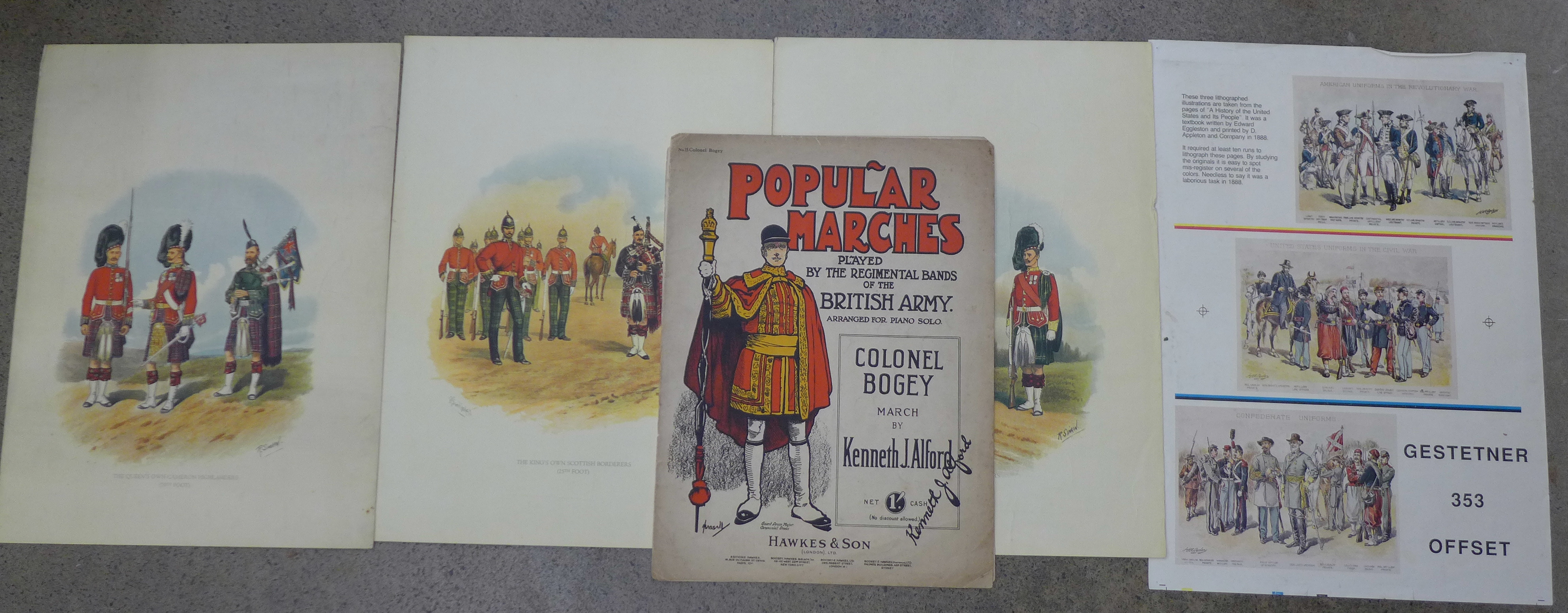 A collection of military pictures including three R Simkin Regimental lithographs and Hawkes & Son