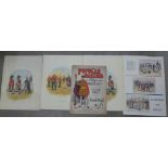 A collection of military pictures including three R Simkin Regimental lithographs and Hawkes & Son