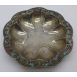 A white metal and enamelled dish marked 1000, (tests as silver), 38.5g, 10.5cm