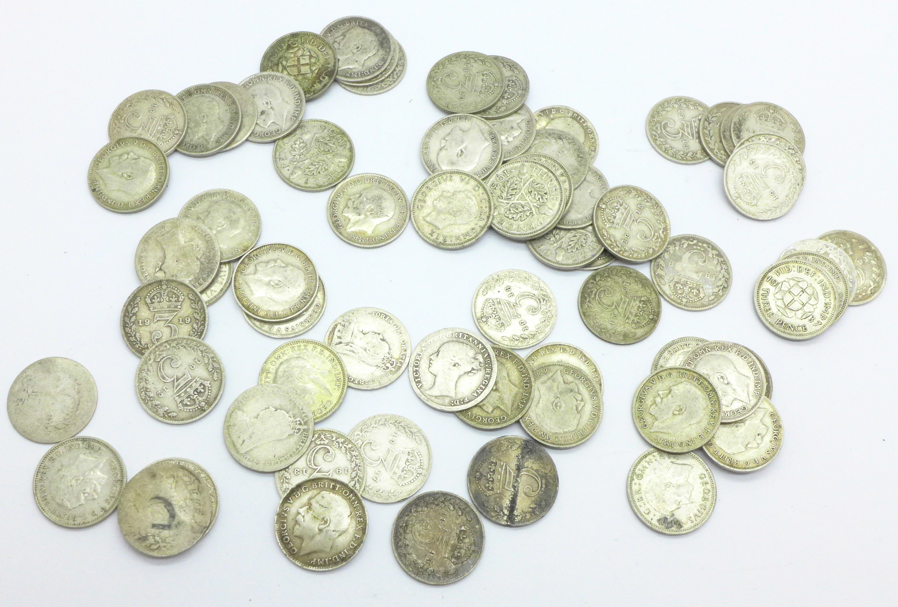 A collection of silver 3d coins, mainly pre 1920 including some Victorian, 94g