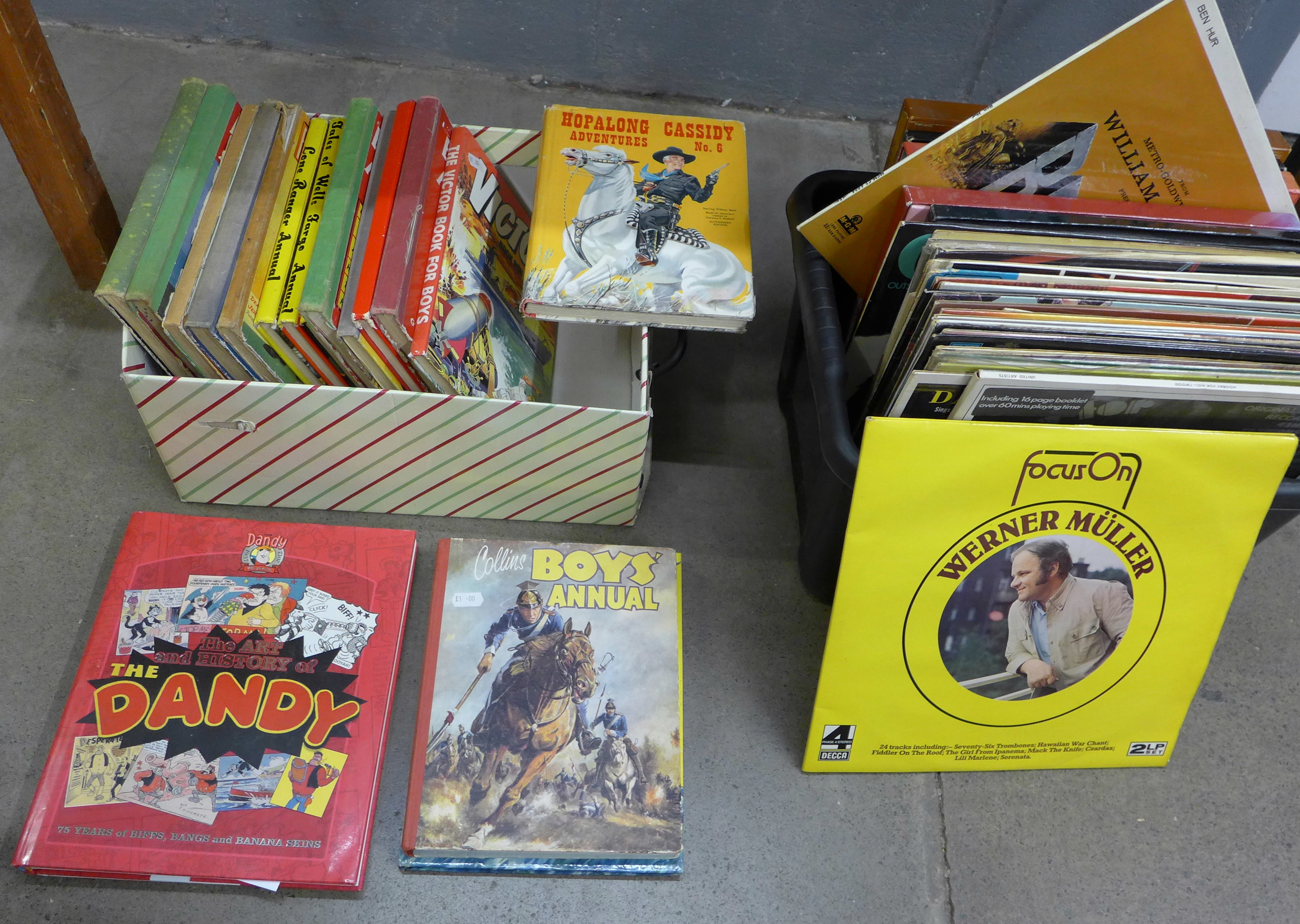 A box of children's annuals and a box of 1960's and onwards LP records **PLEASE NOTE THIS LOT IS NOT