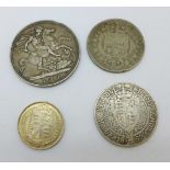 An 1899 crown, an 1890 and 1899 half crown and one other Victorian coin, 60g