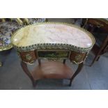 A French Louis XV style inlaid mahogany, gilt metal mounted and marble topped kidney shaped Vernis