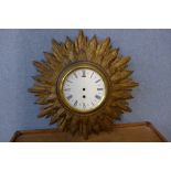 A gilt sunburst wall clock case, a/f